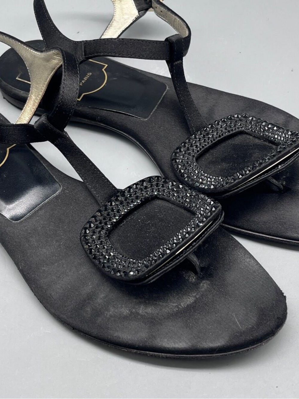 Black Crystal-Embellished T-Strap Sandals